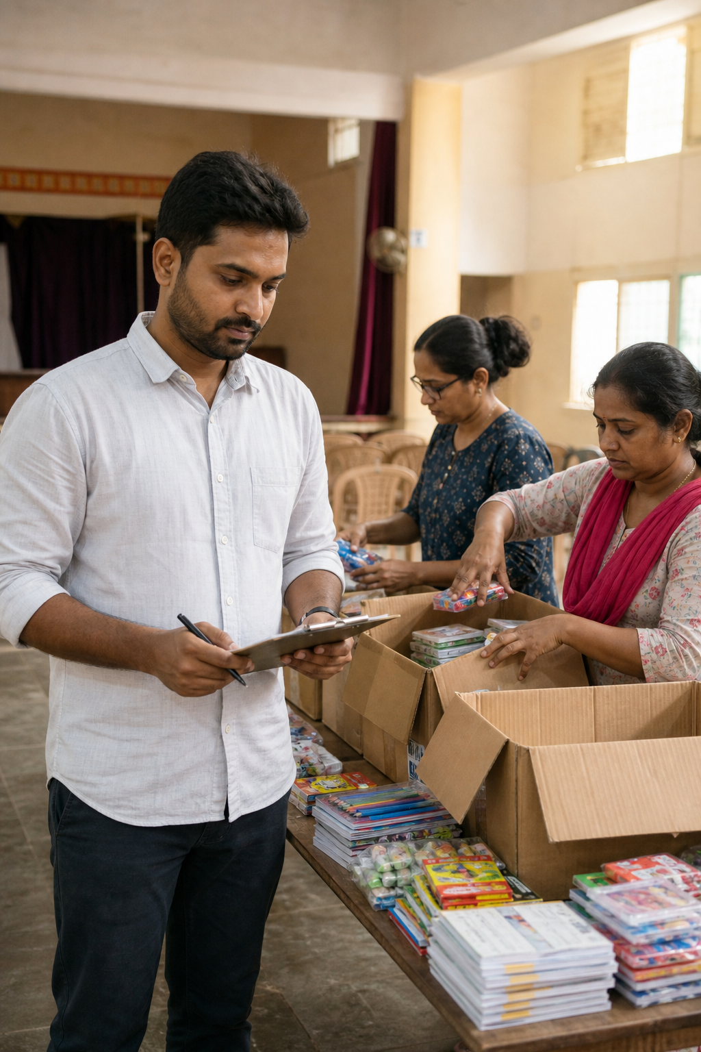 Volunteers packing educational kits in a community hall